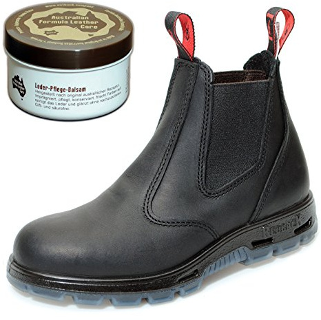 Redback USBBK Safety Work Boots aus Australien - mit Stahlkappe - Unisex + Lederpflege - Black/Schwarz