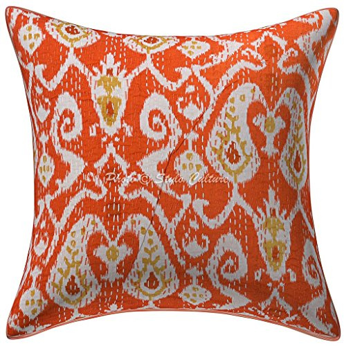 Stylo Culture Bohemio Fundas para Almohadones Decorativos 40x40 cm Algodón Ikat Fundas Cojines Sofa Naranja 16x16 Inch Kantha Impreso Cuadrado sobre Fundas De Almohadones para Cama - 1 Pc