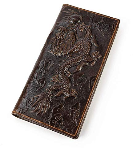 LUUFAN Portefeuille Long en Cuir véritable pour Hommes avec Poche à Fermeture à glissière Vintage Bifold Checkbook Purse (Embossed Dragon)
