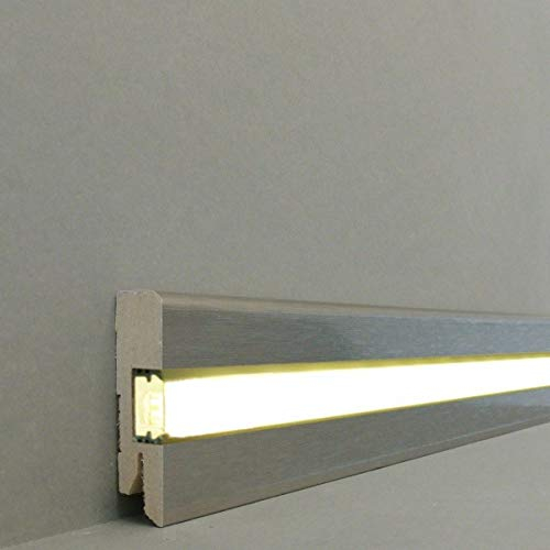 LED/Licht Fuß- u. SockelleistenChemnitz 58 x 16 mm MDF foliert / 716.733L| LED Sockelleiste | Lichtleiste | Inklusive weißer Abdeckung| Profisockelleisten- Edelstahl gebürstet Gr.2