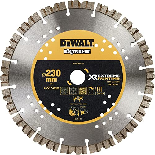 DEWALT Disque diamant segmenté multi-usage 230 mm, DT40260-QZ | Disque diamant segmenté 230 mm pour coupe rapide et longue durée sur béton, brique et parpaing.