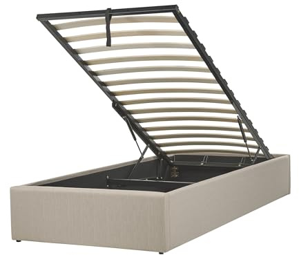 Polsterbett beige mit hochklappbarem Lattenrost 90x200 cm Bettkasten Dinan