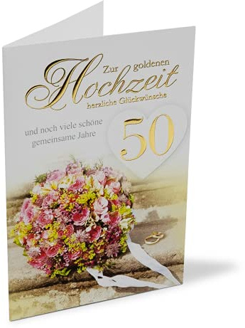 KE - Klassische und Edle Glückwunschkarte zur Goldenen Hochzeit, 50 Jahre Jubiläum, Prägung & Folie, Ohne Innentext, DIN A6 Klappkarte inkl. Umschlag, Motiv: Blumenstrauß