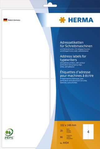 HERMA Adressetikett, Schreibmaschine, auf A4-Bogen, selbstklebend, abgerundete Ecken, 102 x 148 mm, weiß (80 Stück), Sie erhalten 1 Packung á 80 Stück