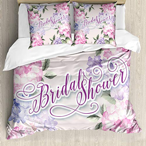 ABAKUHAUS Douche Nuptiale Ensemble de Housse de Couette, Bride Hortensias, Décoratif, 3 Pièces avec 2 Taies d'oreiller, 200 cm x 200 cm - 80 x 80 cm, Pourpre et Rose pâle
