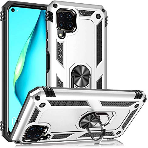 NALIA Panzerhülle für Huawei P40 Lite - Ring-Ständer 360° - Hülle, Silber | 2-lagiger Aufprallschutz, TPU-Kern mit PC-Außenschale, Integrierte Metallplatte, Griffig bei Nässe, RINGDEFEND