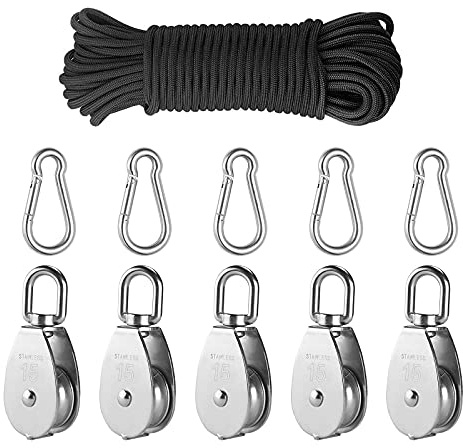 Flaschenzug Mit Seilbremse, 304 Edelstahl Flaschenzug FahrradaufhäNgung, Umlenkrolle Und Kabel Fitness, Umlenkrolle Wandmontage Drehbar, Schnur Und Karabiner, Tragkraft 36kg (5pc-Set, 30m)