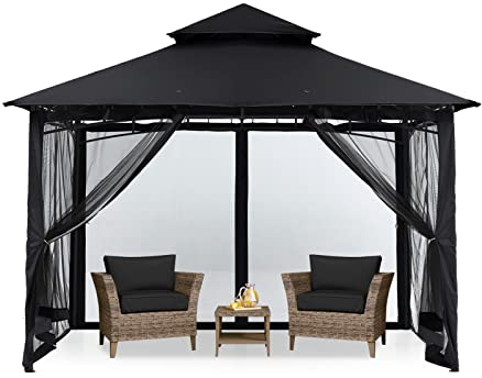 MASTERCANOPY 2,7 x 2,7 m Doppeldach Gartenpavillon mit 4 Moskitonetz für Garten, Hof, Schwarz