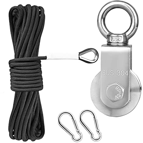 TooTaci U Pulley Systems Set, 304 Stainless Steel U Type Hoist Pulley Block for Lifting, 48MM Swivel Pulley with 10M/6mm Pulley Nylon Rope, 2pcs Snap Hook,for Indoor Outdoor