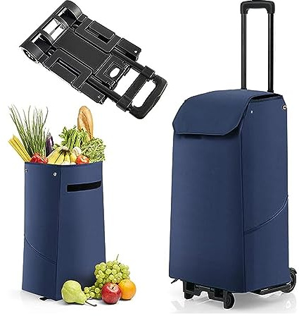 GOPLUS Einkaufswagen, Einkaufstrolley, Faltbarer Handwagen, Einkaufstrolley mit Rädern und Abnehmbarer 38-Liter-Einkaufstasche, Multifunktionaler Handwagen mit Rollen (Dunkelblau)