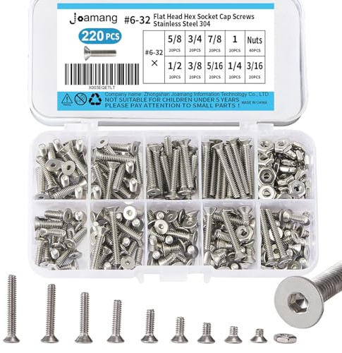 220PCS #6-32 UNC 304-Stainless Steel Flat Head Countersunk Hex Socket Cap Bolts Screws, Nuts Assortment Kit, Includes 9 Most Common Sizes (#6-32×5/8, 3/4, 7/8, 1, 1/2, 3/8, 5/16, 1/4, 3/16)