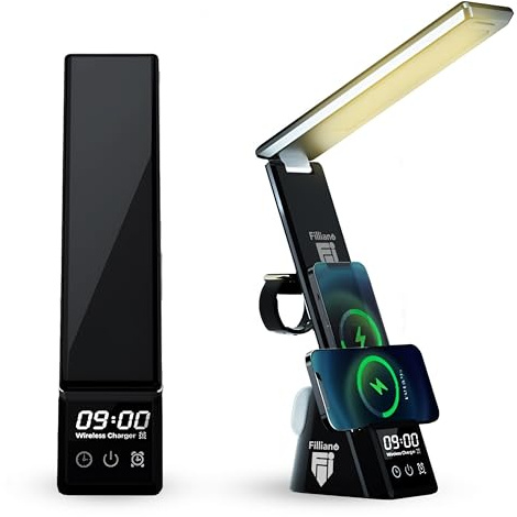 Filliano Lampada Da Tavolo con ricarica wireless, lampada da scrivania, lampada con orologio sveglia e ricarica, lampada da comodino, Lampada da lavoro , lampada da ufficio con luce Led (Nero)