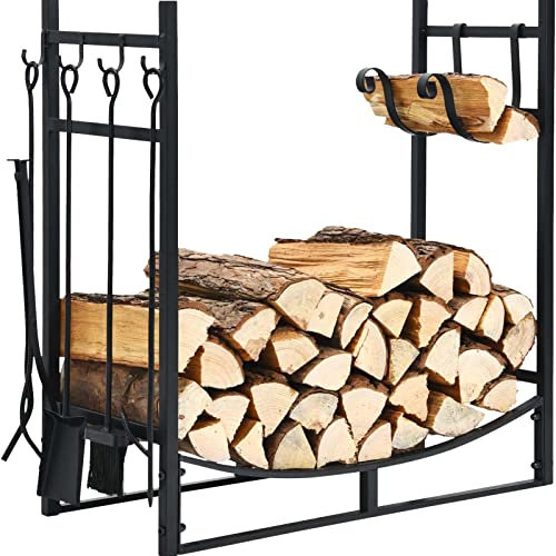 NURCIX Portalegna per legna da ardere con set di 4 attrezzi, porta legna da ardere con spazzola, pala, attizzatoio e pinze, portalegna per caminetto con porta legna per interni ed esterni ( 76cm)