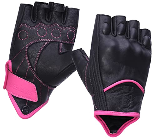Harssidanzar Guanti da moto senza dita da donna,protezione contro le nocche guida motociclista guanti da moto touchscreen vera pelle di capra KL022,RosaNero,Taglia L