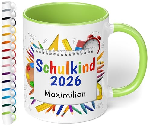 True Statements personalisierte Tasse Schulkind 2026, in Hellgrün, Geschenk zur Einschulung für Mädchen und Jungen, 330 ml Keramiktasse mit Notizblock, Einschulungsgeschenk 1. Klasse