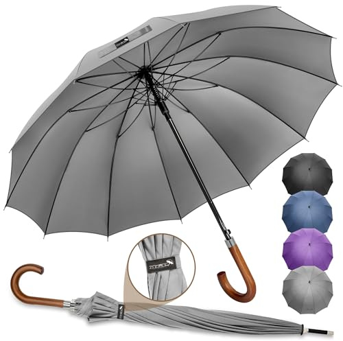 ZOMAKE Paraguas Grande Antiviento 55 Pulgadas,12 Varillas Paraguas Largo Clásico con Bastones,XXL Paraguas de Golf Apertura automática Para Hombre Mujer(Gris)