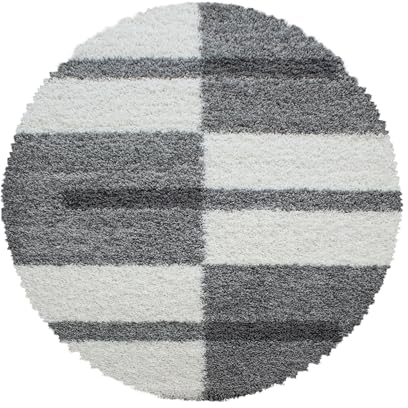 Carpettex Hochflor Teppich Wohnzimmer Shaggy Flokati Teppich Modern Kariert Design 120 cm Rund Hellgrau - Teppich Schlafzimmer Weich Flauschig Waschbar Teppich Küche Esszimmer - Langflor Teppiche