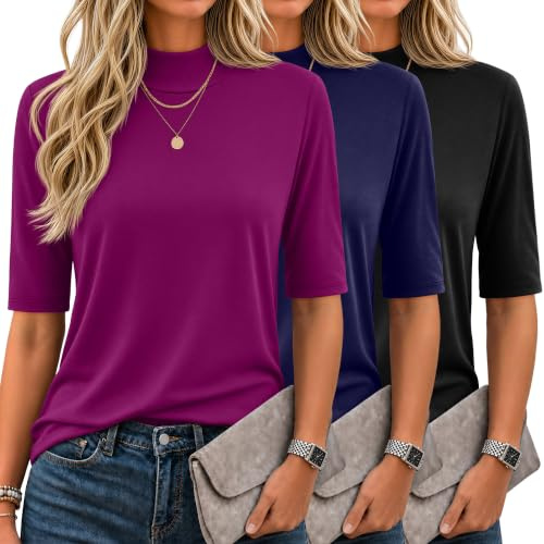 Ficerd - Confezione da 3 Magliette Casual Estive Basiche da Donna con Collo Alto a Maniche Lunghe e Mezza Manica