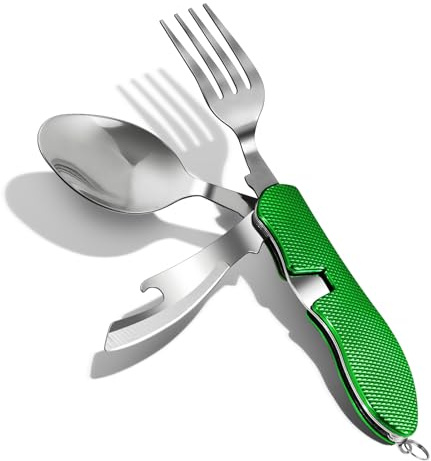 ZIMAIC 4-in-1 Camping Besteckset – Faltbares Edelstahl Besteck - Abnehmbaren Tragbaren Feldbesteck – Flaschenöffner Messer Gabel Löffel Set – Perfekt für Camping Wandern（Grüner）
