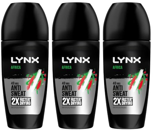 Lynx Africa Roll On 48 Hours Anti Sweat Faster Drying Anti-Perspirant with Long Lasting Sweat and Odour Protection Travel Size Deodorant for Men for All Skin Types, 50ml Pack of 3
