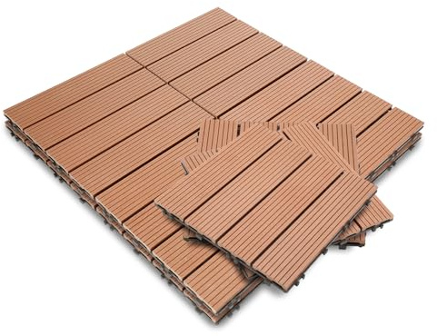 Fiqops 66 Stück WPC Terrassenfliesen, 30x30 cm Balkon Bodenfliese,Gartenfliesen mit Klick-System,Terrassendielen Balkonfliesen Klickfliesen,Terrassendielen Wasserfest für Terrasse,für 6m² Braun