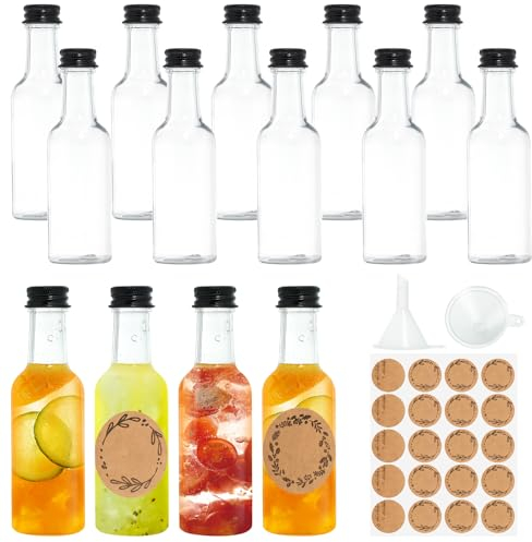 14 Pièces Mini Bouteille Alcool, Bouteille Plastique Réutilisable de 50ml, Petite Bouteille avec Couvercle Noir et Entonnoir, Bouteille Miniature avec 20 Autocollants pour Mariages et Fêtes