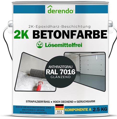 derendo 2K Lack Epoxidharz Bodenbeschichtung anthrazit grau RAL 7016 Betonfarbe für INNEN & AUSSEN Garagenfarbe Terassenboden Bodenbelag Fliesenfarbe wetterfest LÖSEMITTELFREI (2,5 Liters)