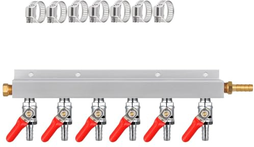 Gas Manifold, CO2 Gas Distributor, 5/16'' Barb Fitting Beer Kegerator Splitter, 6-Way Air Distributor with Integrated Check Valves & Hose Clamps