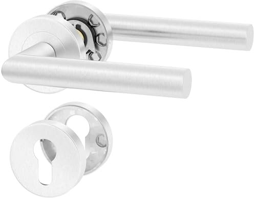 ERGO line NINA Edelstahl Türbeschlag L-FORM, PZ - Profilzylinder Set, Rund-Rosette, Türgriff für Türen, Drückergarnitur, Türbeschlag, Türklinken Innentüren, Türdrücker