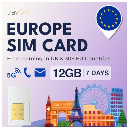 travSIM SIM-Karte Europa | 12 GB Daten mit 4G/5G-Geschwindigkeit | Nur Daten-SIM | Nutzung der Europa-SIM-Karte in 27 EU-Ländern | Plan auf SIM-Karte für Europa gültig für 7 Tage