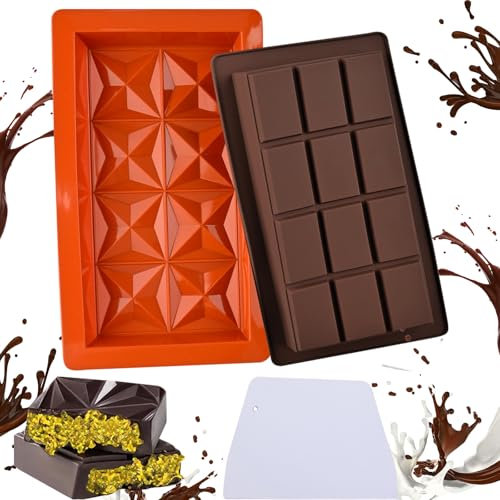 Moule à chocolat Tablette en Silicone 2pcs Anti Adhésif de Peiyee, Qualité Alimentaire, Brun, Rouge, Rectangulaire, Moule Silicone Chocolat Avec Spatule