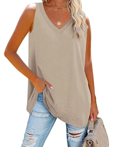 Fisoew Canottiera da donna con scollo a V, top estivo, basic, casual, camicetta, cachi, XL