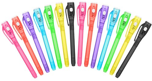 OFFCUP Stylo Encre Invisible, 14pcs Stylo Espion avec Lumiere UV, Stylo Magique pour Écrire un Message Secret Crayons à Encre Invisible pour Cadeau Anniversaire Fête Activité Enfants-Ouvrir et Fermer