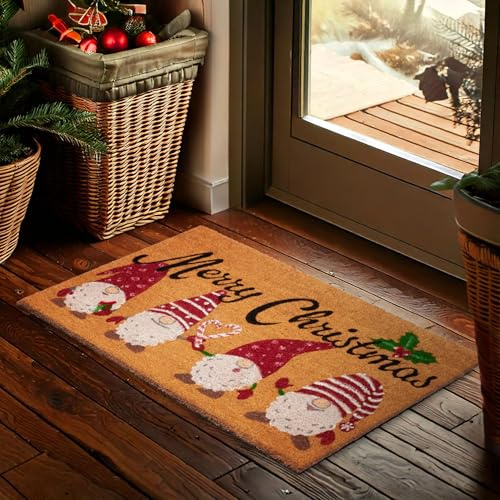BRUBAKER Weihnachtsfußmatte für Außen und Innen - Merry Christmas | mit Wichtel Zwergen - 45 x 75 cm Schmutzfangmatte Weihnachten aus Kokos - Antirutsch Fußmatte - Wetterfest und Rutschfest