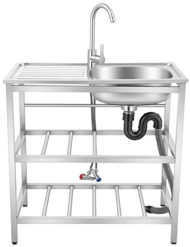 Etrhdfyts Edelstahl Küche Spüle mit Unterschrank,Spültisch mit 2 Ebenen,Freistehendes Spülbecken mit Kalt und Warm-Wasserhahn, Ablauf-Schlauch, Küchenspüle für Restaurant Outdoorküche Camping,1 Becken