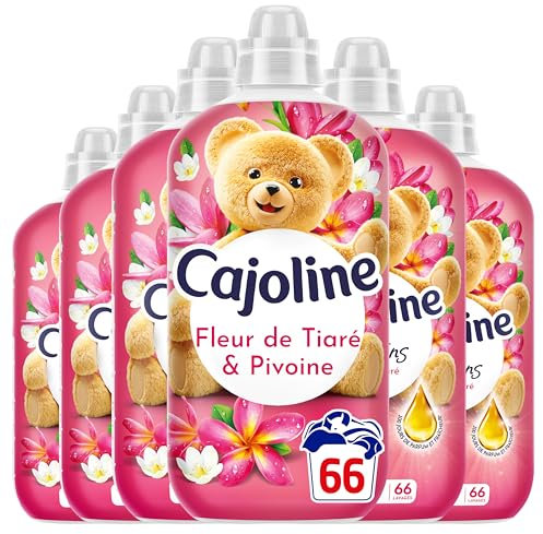 Cajoline Adoucissant linge liquide Fleur de la Tiaré & Pivoine Créations parfum et fraîcheur - 396 lavages -Lot de 6x66 lavages -1,386L