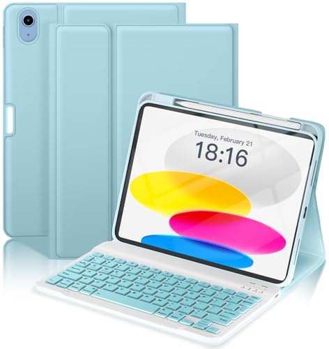 NOKBABO for iPad 11th/10th Generation Case with Keyboard, Magnetic Wireless Detachable Folio case with Pencil Holder, Keyboard for ipad 11th(A16,2025) & iPad 10th Generation(2022) - Sky Blue