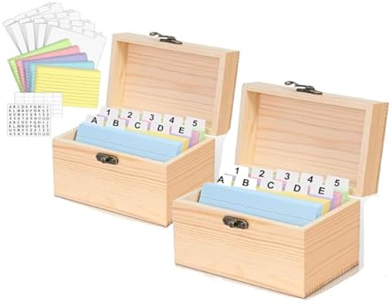 2 cajas de recetas de madera con tarjetas, robustas fichas de madera, soporte para recetas, caja de tarjetas, organizador de tarjetas de notas, estuche para tarjetas de notas, para cocina, boda