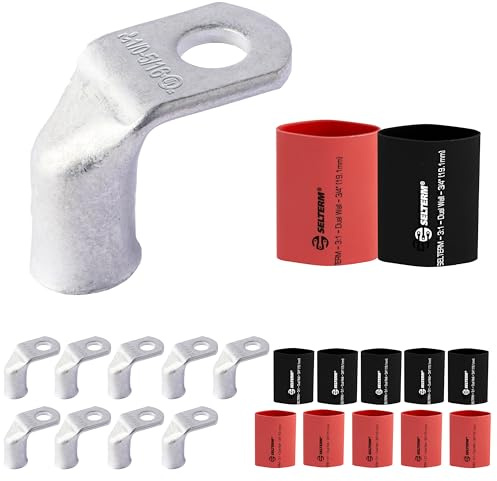 SELTERM 10pcs - 1/0 AWG 5/16 Stud 90° Bent Battery Lugs- Ring Terminal Connectors with 12pcs 3:1 Black & Red 3/4 Heat Shrink Tubing - Heavy Duty Battery Cable Ends - Tinned Copper Wire Connector Kit