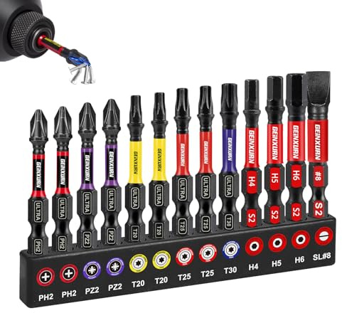Geinxurn 13pcs Impact Screwdriver Bits Set (Phillipes, Pozidriv, Torx, Hex, Slotted), 50 mm Ph Pz Tx Magnetic S2 Steel Cross Driver Bits Set with Color Coded Base