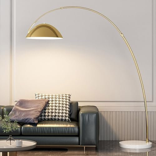 Lámpara de pie de metal con arco dorado, moderna lámpara de lectura de pie con base de mármol para sobre sofá, lámpara de pie arqueada con interruptor de pie para sala de estar, dormitorio y oficina.