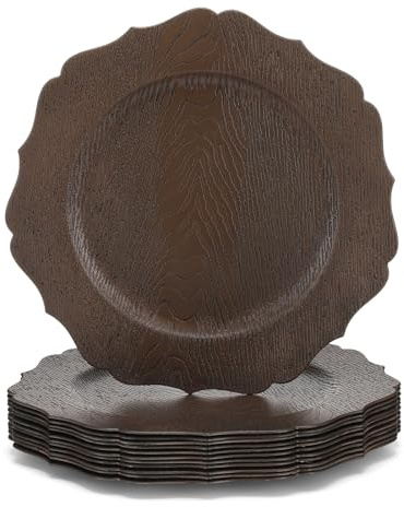 Mifoci 12 Pcs 13 Rustic Brown Wooden Textured Acrylic Chargers Plates with Scalloped Rim Round Faux Wood Chargers for Dinner Plates for Fall Thanksgiving Day Wedding Party Table Decor