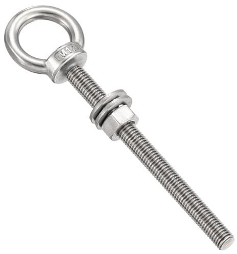 METALLIXITY Shoulder Eye Bolt with Washers & Nuts (M12x140mm) 1Set, 316 Stainless Steel Machinery Lifting Ring Threaded Eye Bolt - for Load Hoisting, Silver