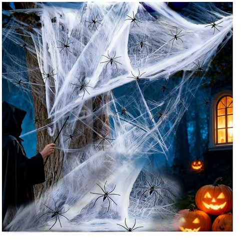 Halloween spindelnät dekoration: Spiderweb läskig dekoration 200 g med 40 skräck svarta spindlar för trädgård inomhus utomhus karneval hus spökhus & festtillbehör