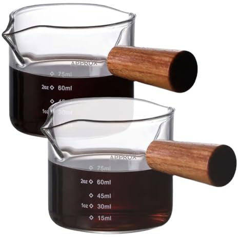 2 Pack Espresso Shot Glass With Wooden Handle, Accessories with Double Spouts Espresso Machine Accessories Coffee Bar Essentials Precise 75 Ml Coffee Measuring Cup