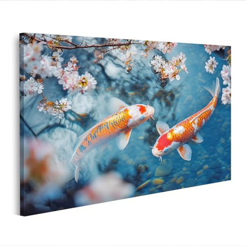 islandburner WTD - Lienzo decorativo (100 x 57 cm), diseño de dos peces koi en el agua bajo flores de cerezo