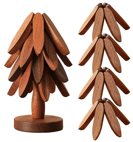 Naturbaum-Untersetzer-Set, 3/4/5 Holzuntersetzer & 1 Ständer in Form eines Weihnachtsbaums, Untersetzer Holz Set, Hitzebeständige rutschfeste Tischsets (Walnussholz + 4 Holzuntersetzer)