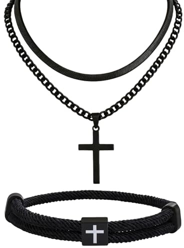nuneoeuo 2 PCS Black Cross Necklace Men and Cross Bracelet Men | Christian Gifts for Mens Cross Chain for Mens Chain Necklace, Womens Rope Bracelets for Daily Wear and Gift Giving