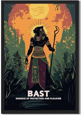 Framed Bast Goddess Poster Canvas Print Art Wall Art Painting Pictures Wall Decor Newspaper Style Art Print for Living Room and Bedroom Home Decor Stunning Egyptian Mythology Poster (Black framed,12LX16W)