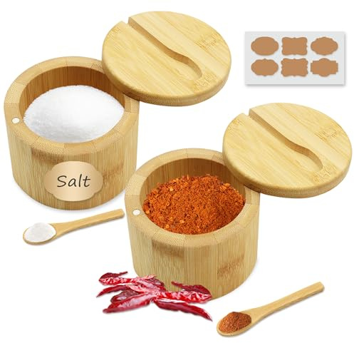 Wenfubrixa 2 recipientes de sal de bambú para encimera, cuencos de sal y pimienta con tapa giratoria magnética y cuchara, saleros para cocina, tarros de almacenamiento de especias, soporte de azúcar